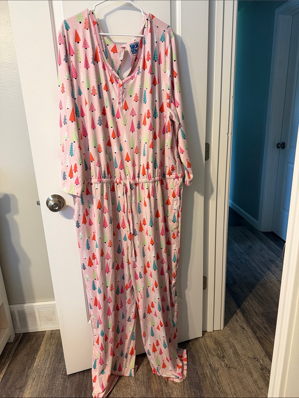 Muk Luks Pink Holiday Tree Print One-Piece Pajama Jumpsuit
